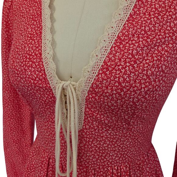 Gunne Sax Red Floral Corset Maxi Dress Size 9 Vintage 70s Prairie Lace Up - Picture 8 of 12